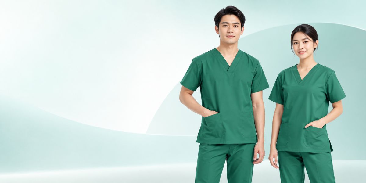 Baju scrub medis Medlinen dengan atasan V-neck dan celana panjang